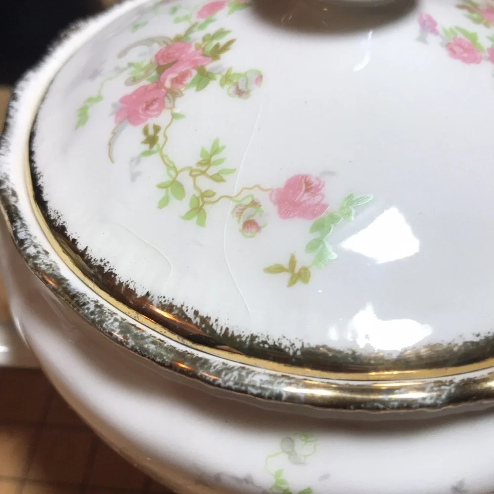 Pope Gosser USA Tureen and Sugar Bowl w Lids Pink Roses Gold Trim Vintage Decor